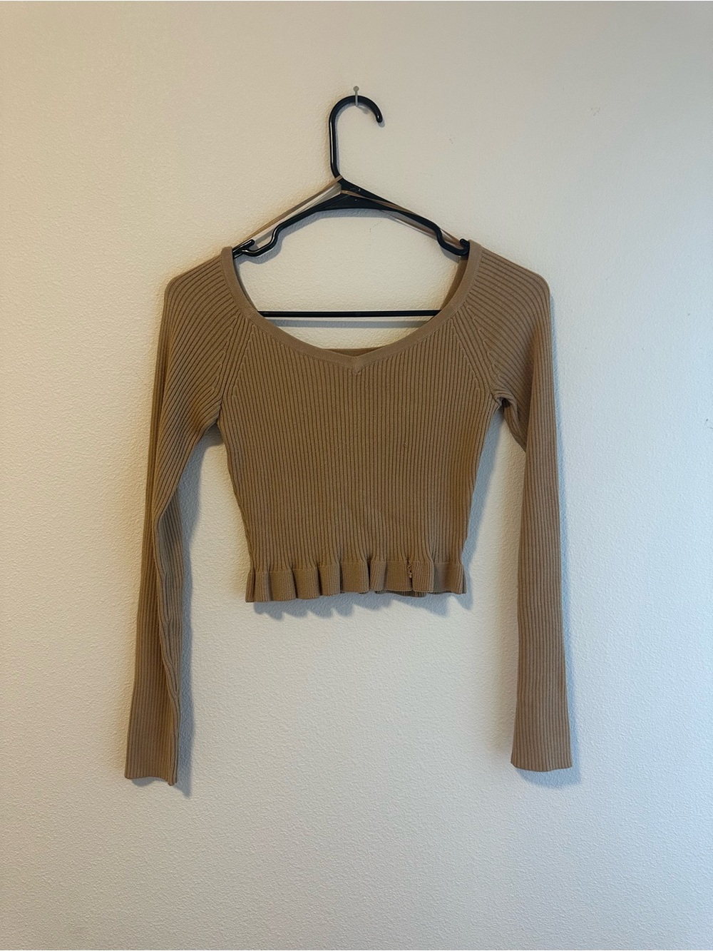 Open Edit Women’s Ribbed Long Sleeve Crop Top - Tan